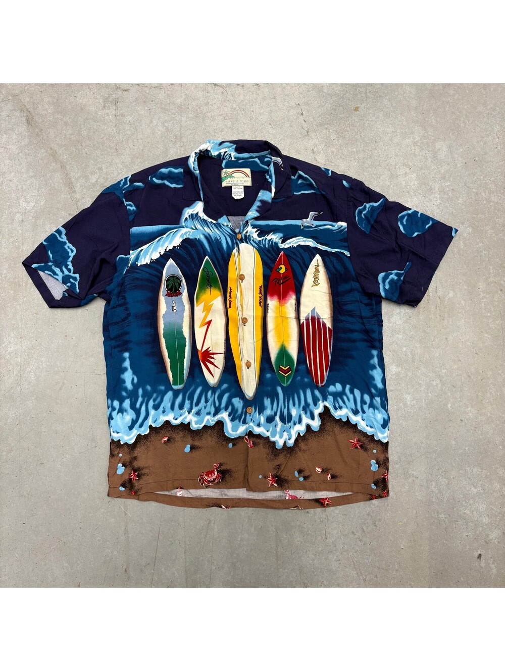 Vintage 2000s Paradise Found Surfboard AOP Button Up Shirt Large Blue
